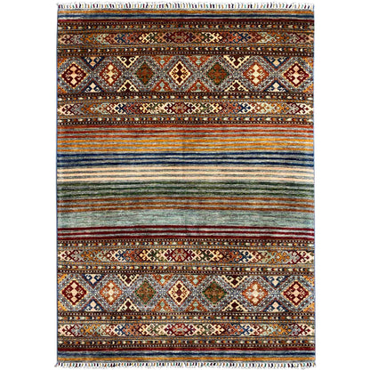 Khorjin rug with bright stripes and a diamond pattern, with fringes along the edge