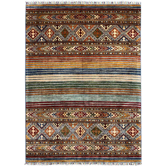 Khorjin rug with bright stripes and a diamond pattern, with fringes along the edge