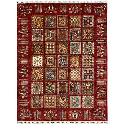 Red patchwork rug with complex ornamental motifs, rectangular, decorative border