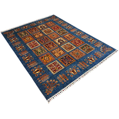 Khorjin rug, blue, with a square ornamental pattern and fringes at the corners
