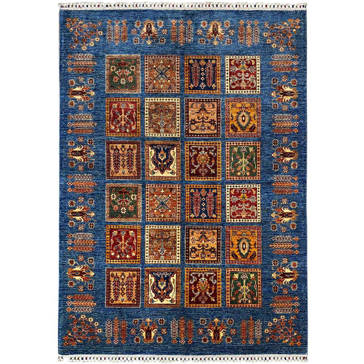 Rectangular khorjin rug in blue with a panel design and many colorful ornamental squares