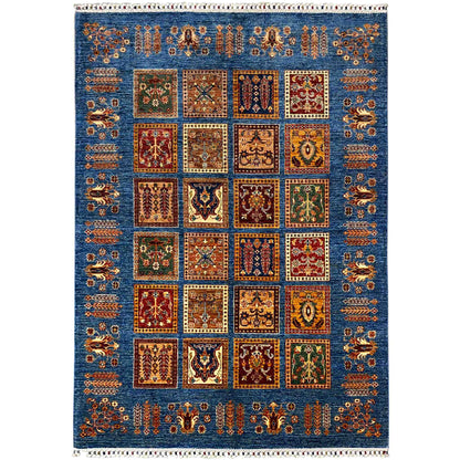 Rectangular khorjin rug in blue with a panel design and many colorful ornamental squares