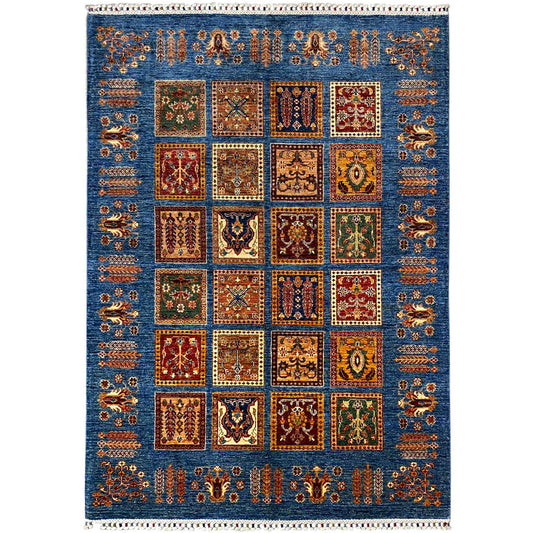Rectangular khorjin rug in blue with a panel design and many colorful ornamental squares