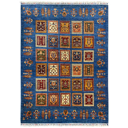 Rug with azure-blue panel design and square ornaments, colorful border, fringes