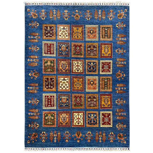 Rug with azure-blue panel design and square ornaments, colorful border, fringes