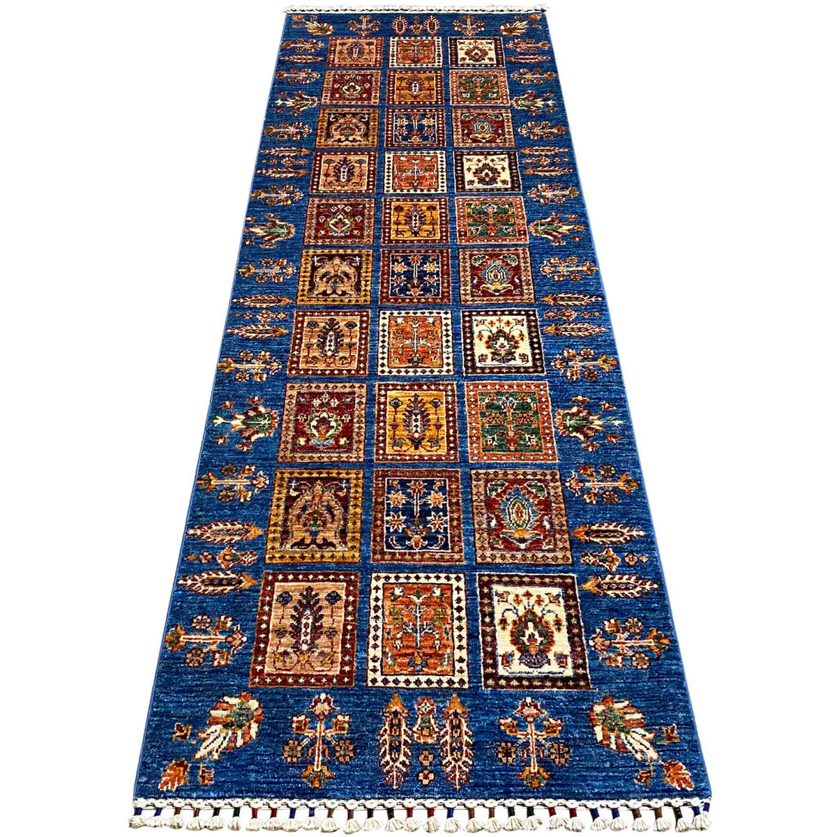 Runner rug, long and narrow: blue pattern with diamonds and fringes