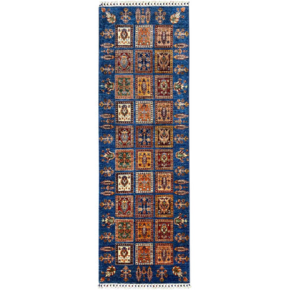 Runner rug with blue panel design and ornamental squares, with fringes