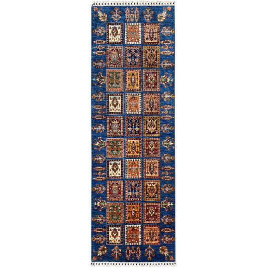 Runner rug with blue panel design and ornamental squares, with fringes