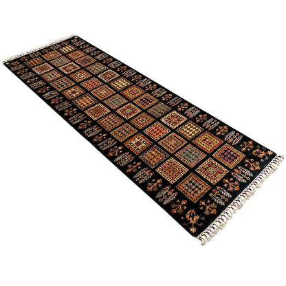 Runner rug, diagonally aligned, rectangular, dark-background tribal square pattern