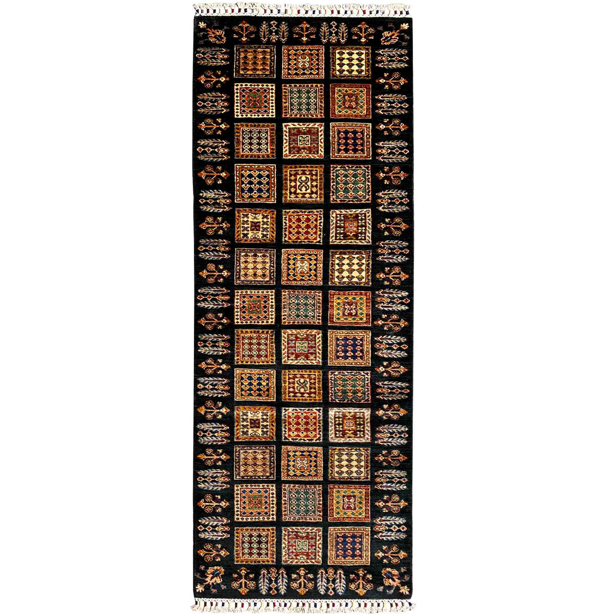 Runner rug with tribal square pattern, dark base, multicolored woven details