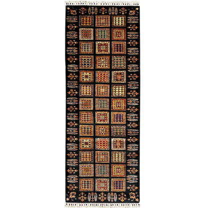 Runner rug with tribal square pattern, dark base, multicolored woven details