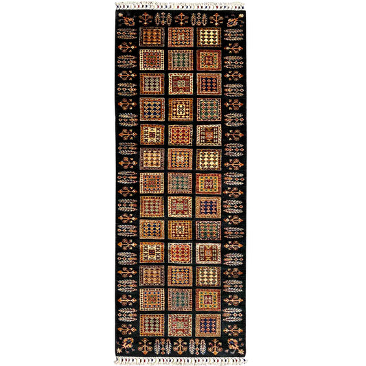 Runner rug with tribal square pattern, dark base, multicolored woven details
