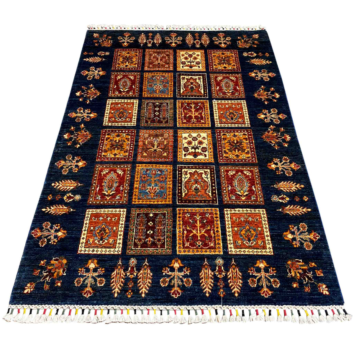 Khorjin wool rug, dark blue runner with rectangular ornamental panels and fringes