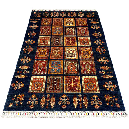Khorjin wool rug, dark blue runner with rectangular ornamental panels and fringes