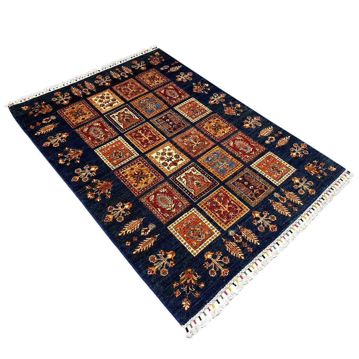 Wool Khorjin rug, dark blue with multicolored tile ornaments and white fringes