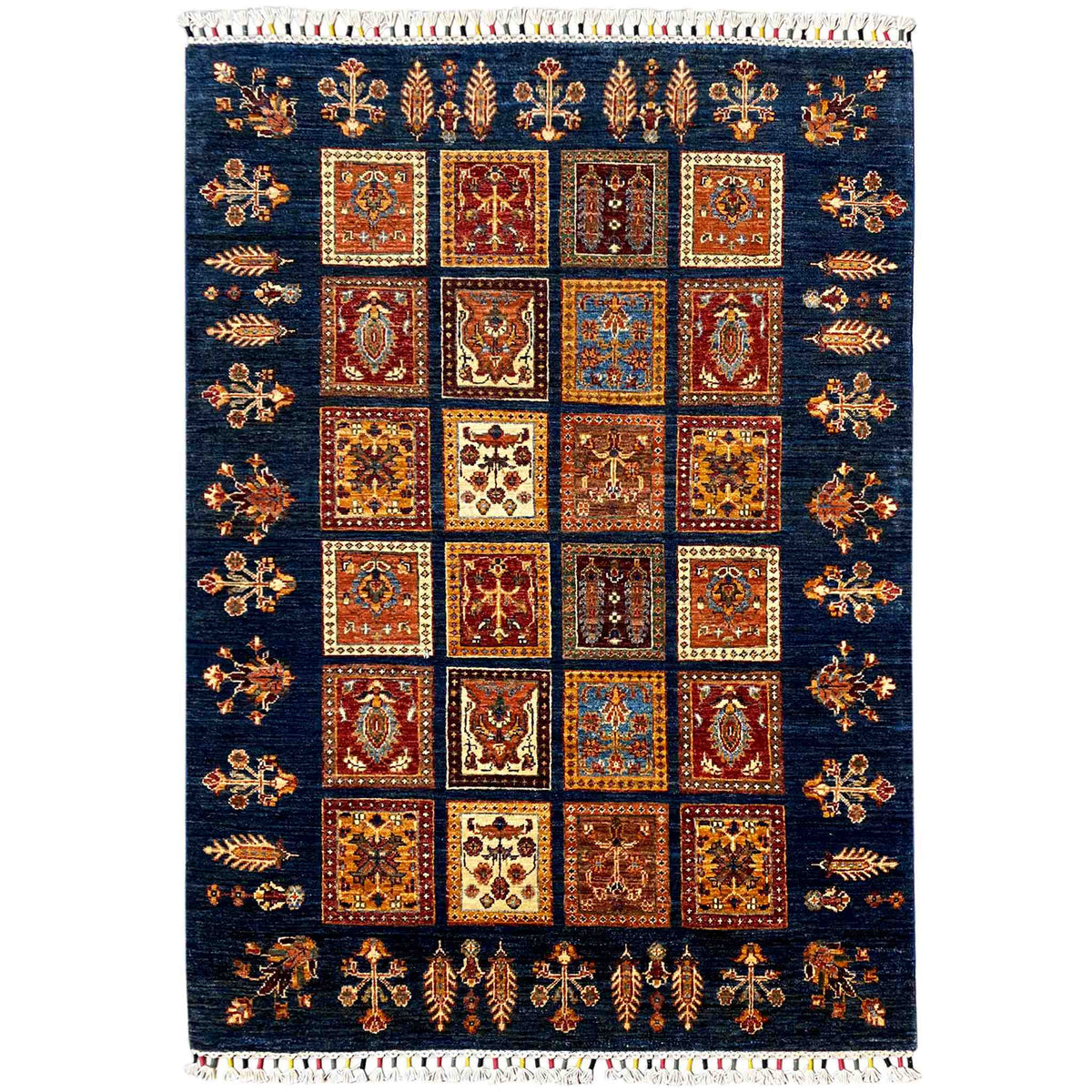 Khorjin wool rug with a dark blue background, square ornamental pattern, and fringes