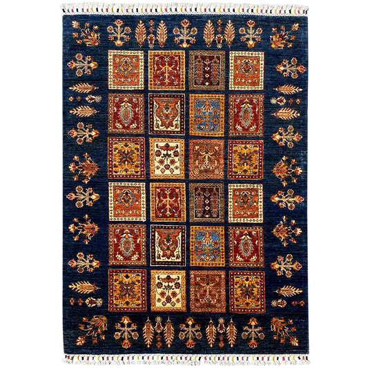 Khorjin wool rug with a dark blue background, square ornamental pattern, and fringes