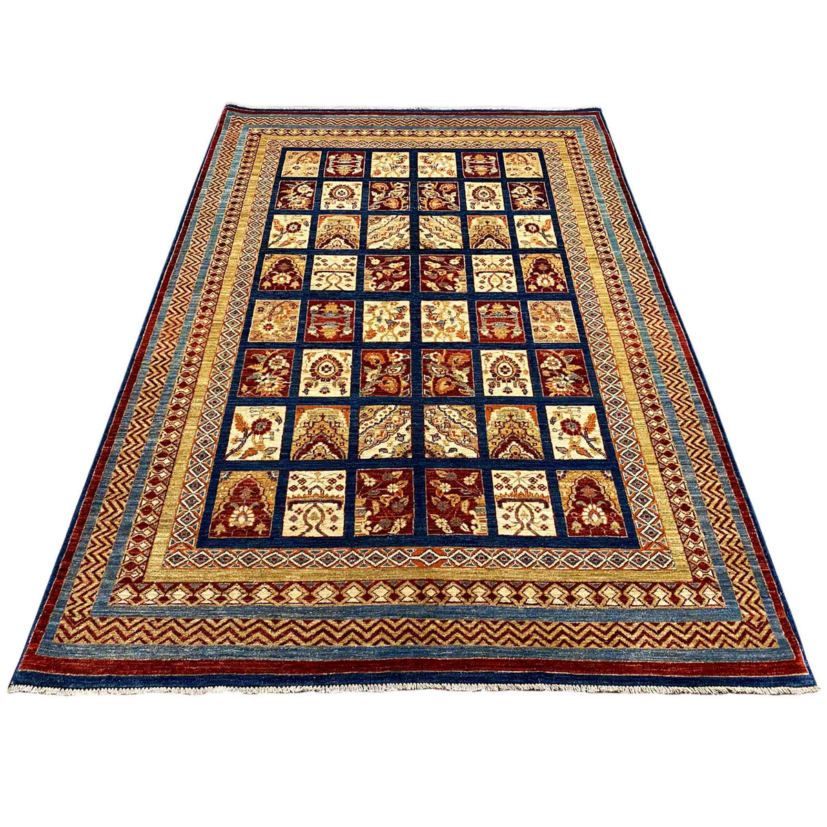 Khorjin rug, rectangular, patchwork pattern with diamond frames and border in dark blue, red, and beige
