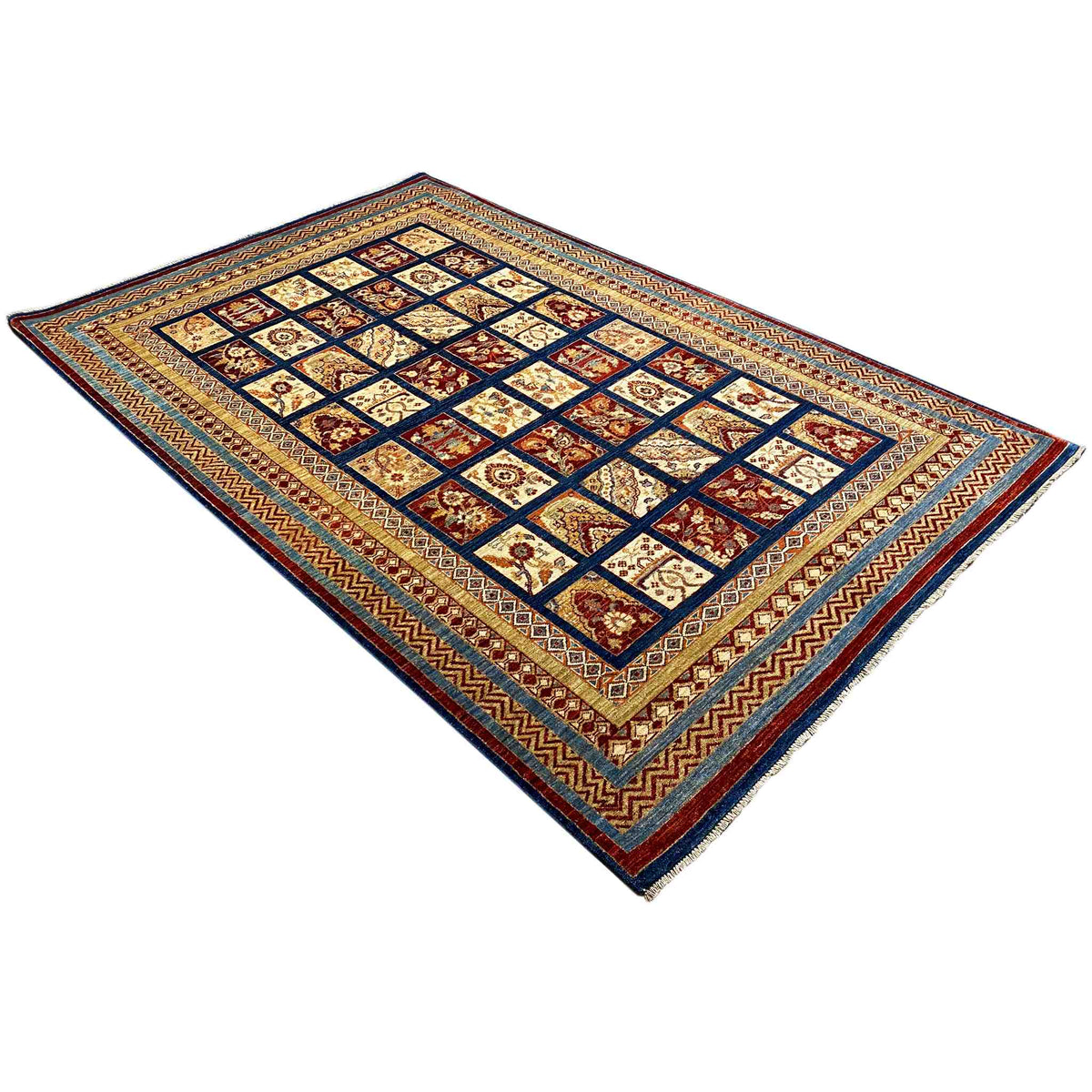 Khorjin rug spread out with a square grid, borders in dark blue, orange, red, and beige
