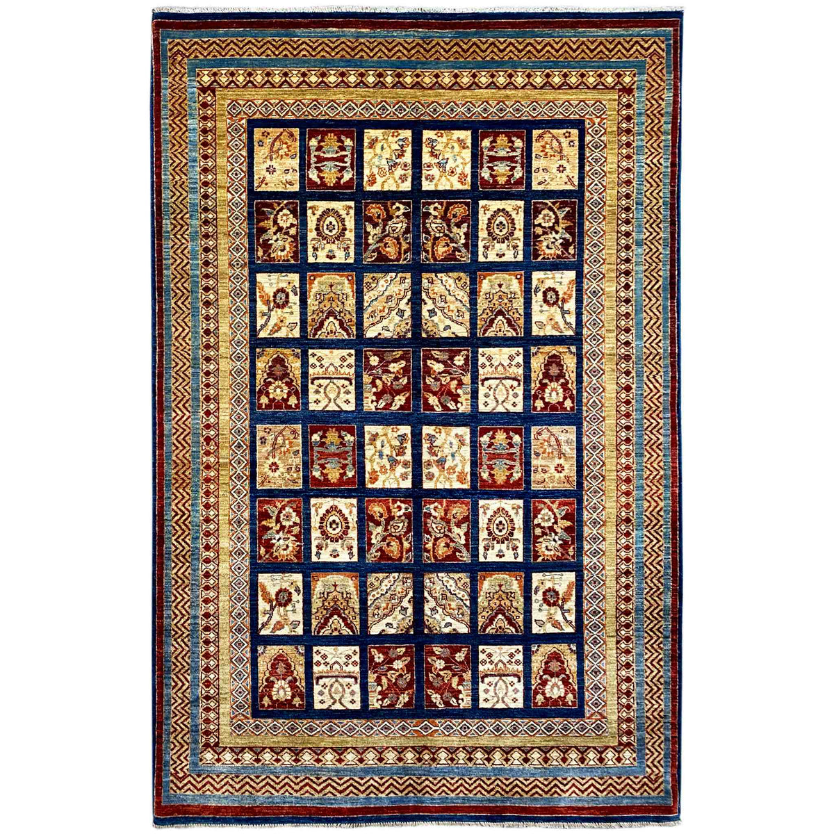 Khorjin rug with a square patchwork pattern and multicolored border, dark blue/red/beige