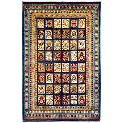 Khorjin rug with a square patchwork pattern and multicolored border, dark blue/red/beige