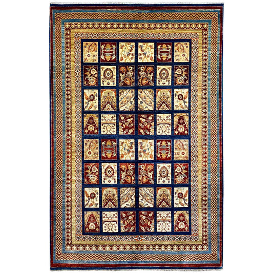Khorjin rug with a square patchwork pattern and multicolored border, dark blue/red/beige
