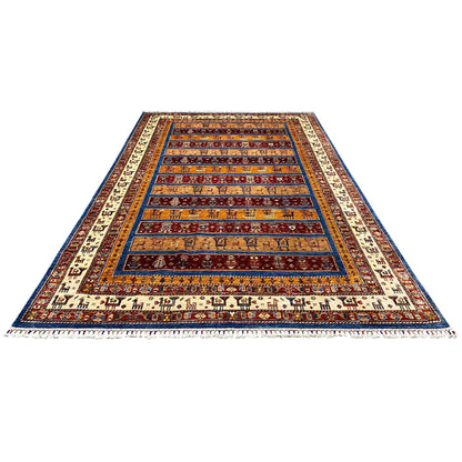 Rectangular carpet with a border design all around in blue, red and yellow