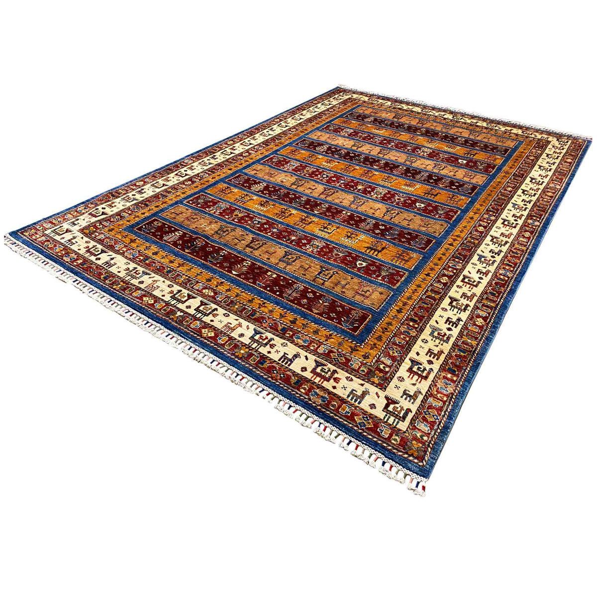 Rug with central medallions and geometric lines in blue, red, and beige