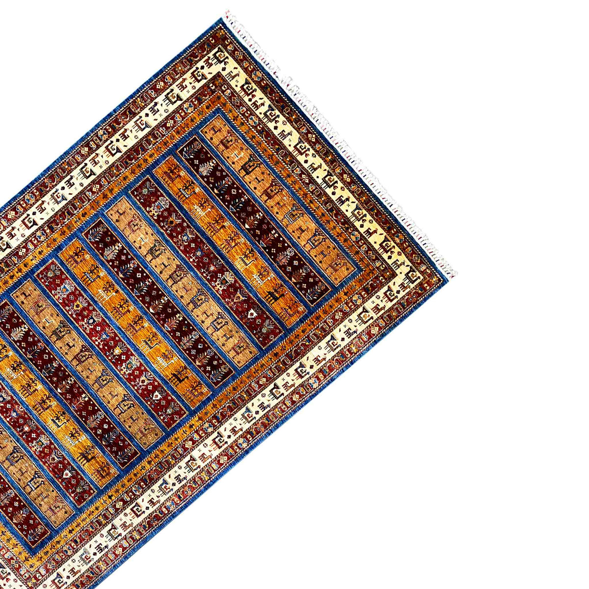 Carpet corner with framed ornaments and color bands in blue, red, and beige