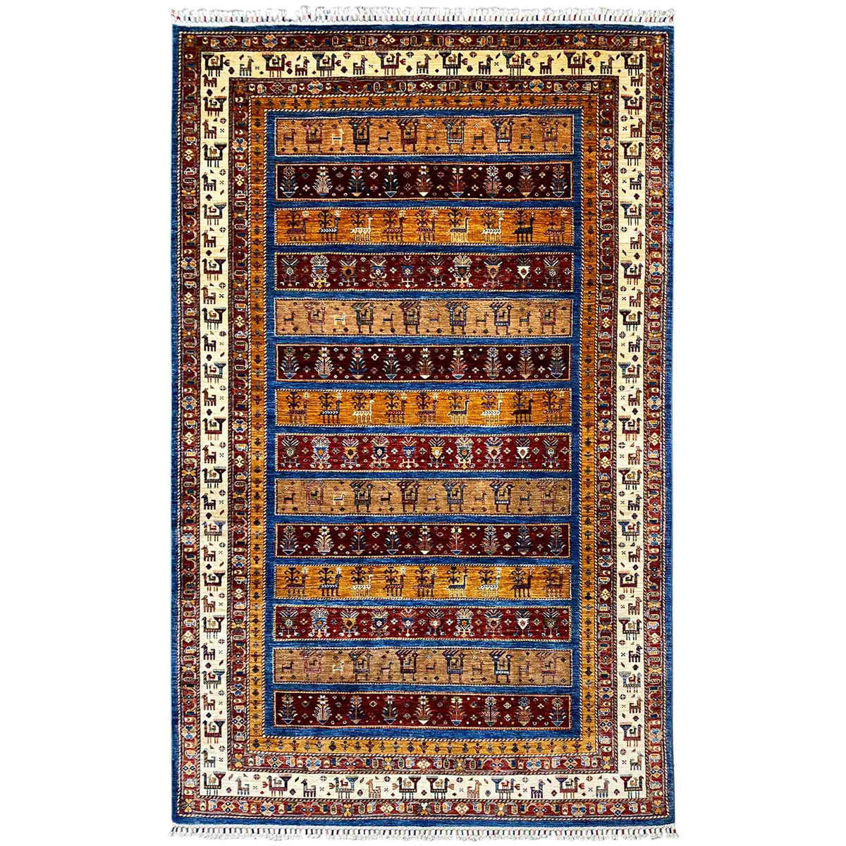 Rug with a tribal animal and geometric pattern in blue, red, and beige