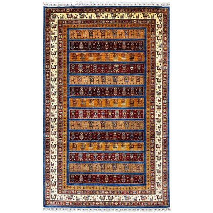 Rug with a tribal animal and geometric pattern in blue, red, and beige