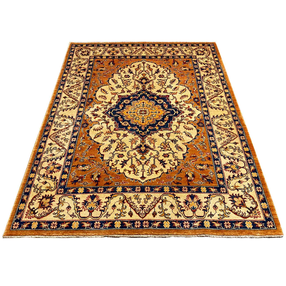 Rectangular Khorjin rug with medallion and floral design, orange, cream, and blue