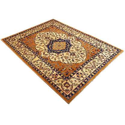 Khorjin rug with medallion and floral design, side view, orange/blue/cream