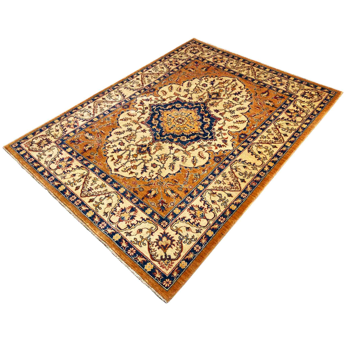 Rectangular Khorjin rug with medallion and floral design, orange, cream, blue