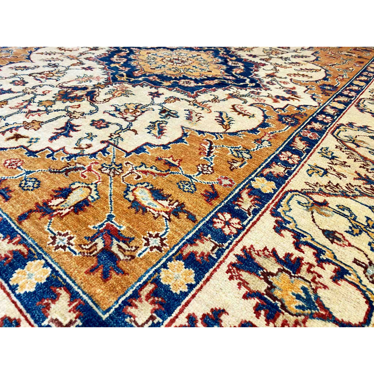 Khorjin carpet, detailed pattern with figures/flowers, cream, orange and blue