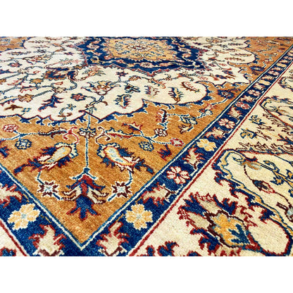 Khorjin carpet, detailed pattern with figures/flowers, cream, orange and blue