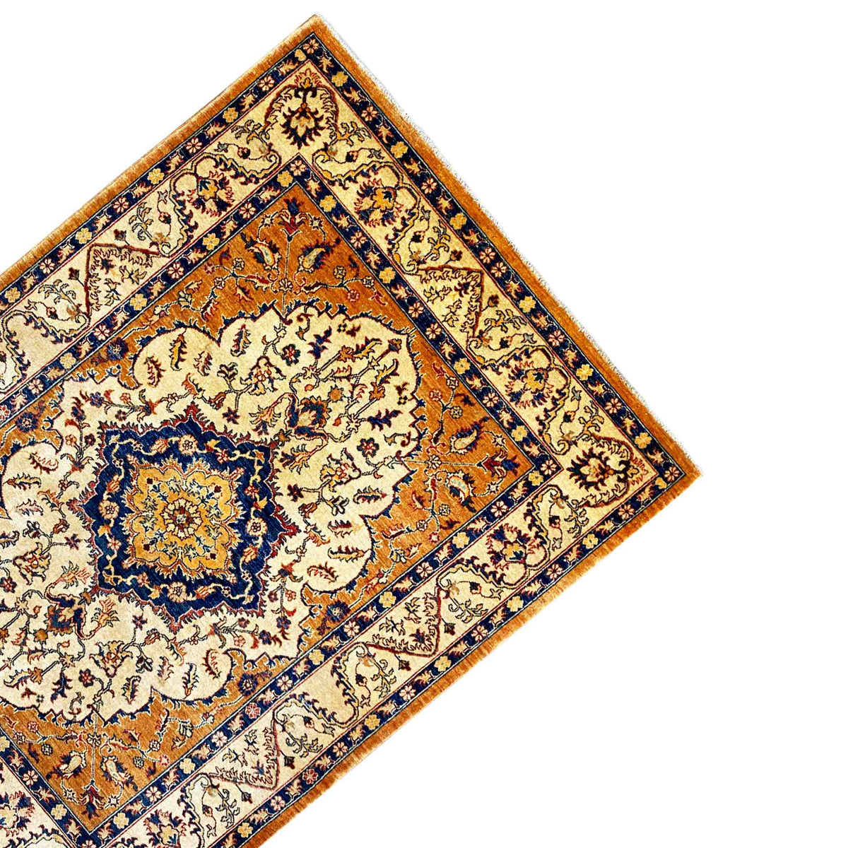 Khorjin rug detail: corner and border with medallion and floral design, orange/blue/cream