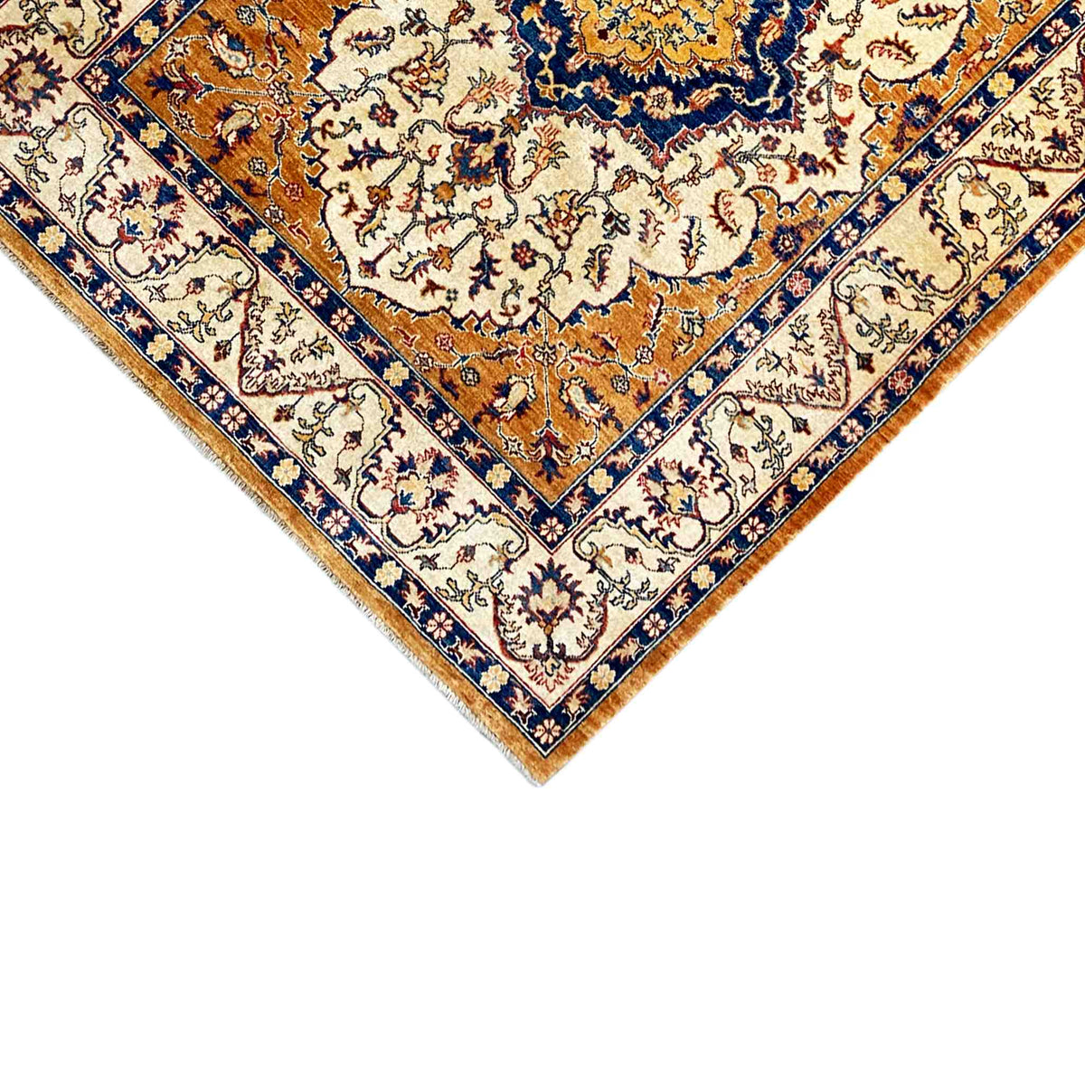 Khorjin carpet detail: corner area with border and medallion, cream, orange and blue