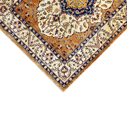Khorjin carpet detail: corner area with border and medallion, cream, orange and blue