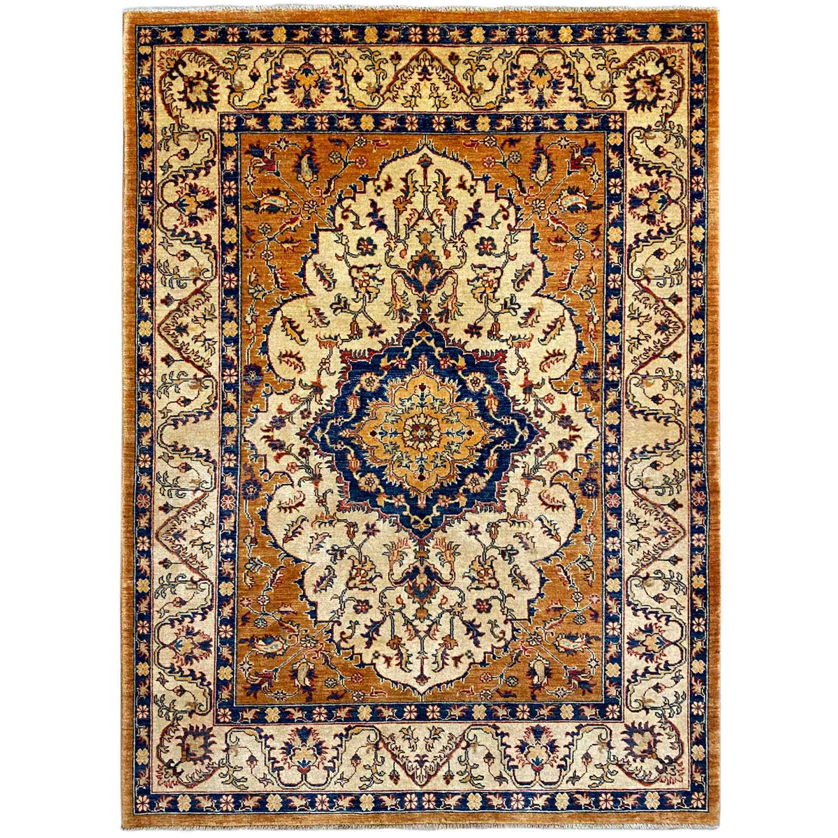 Khorjin rug with medallion and floral design, cream, orange and blue, rectangular