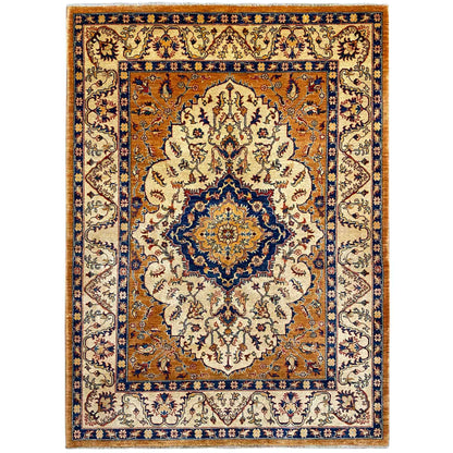 Khorjin rug with medallion and floral design, cream, orange and blue, rectangular