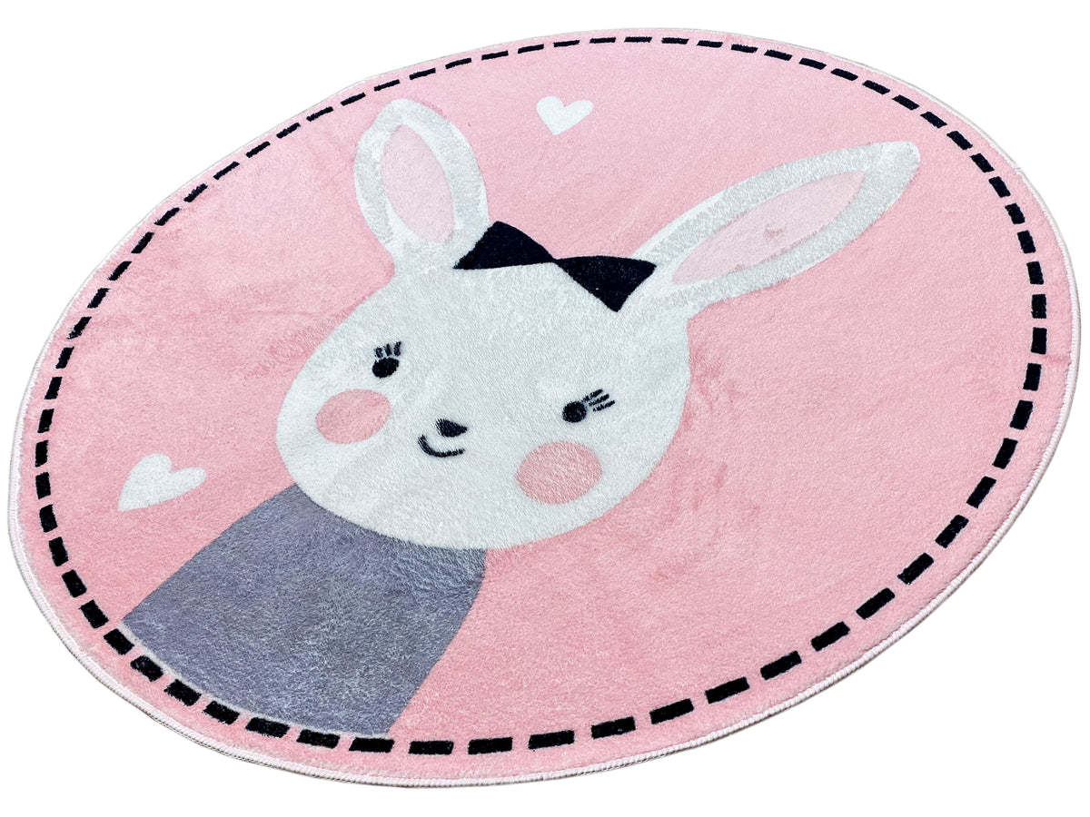 Runder Kinderteppich mit Hasengesicht und Schleife, rosa, gepunktete Ziernaht
