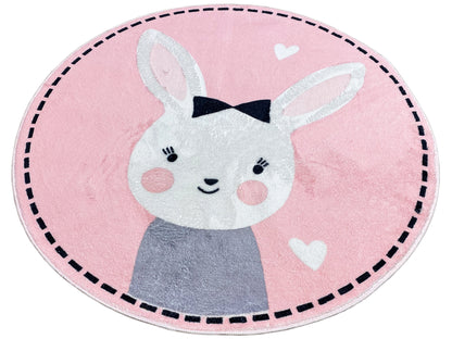 Runder Kinderteppich mit weißem Hasenkopf, rosa Herzchen und grauem Kleidchen