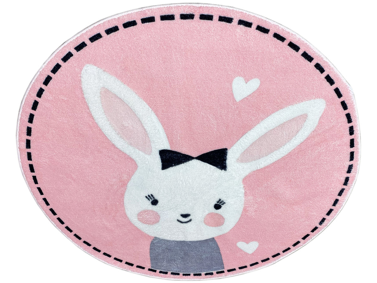 Runder Kinderteppich mit Hasenmotiv und schwarzer Schleife, rosa mit kleinen Herzen