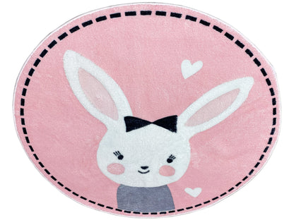 Runder Kinderteppich mit Hasenmotiv und schwarzer Schleife, rosa mit kleinen Herzen