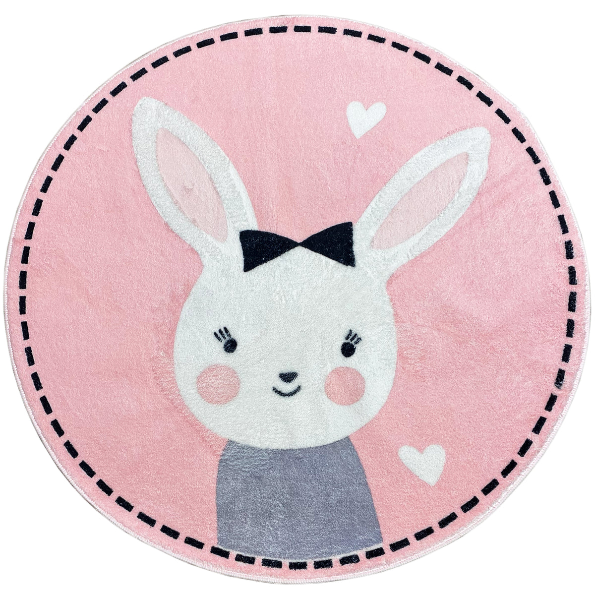 Runder Kinderteppich mit Hasenmotiv, rosa Hintergrund, dunkler Ziernaht und Schleife