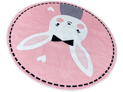 Runder Kinderteppich mit Hase, rosa Oberfläche, schwarze Fliege und weiße Hasenohren