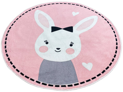 Runder Kinderteppich Hase, rosa mit grauem Anzugteil und schwarzer Fliege