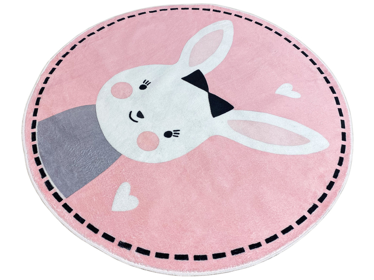Runder Kinderteppich mit Hasenmotiv, rosa mit grauem Körper und weißen Ohren