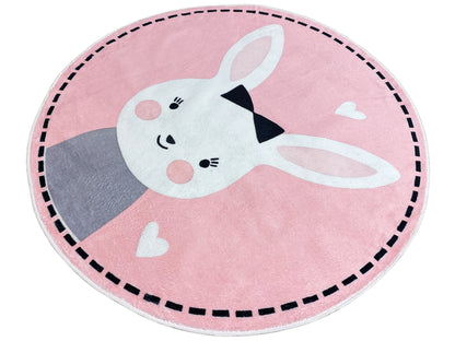 Runder Kinderteppich mit Hasenmotiv, rosa mit grauem Körper und weißen Ohren